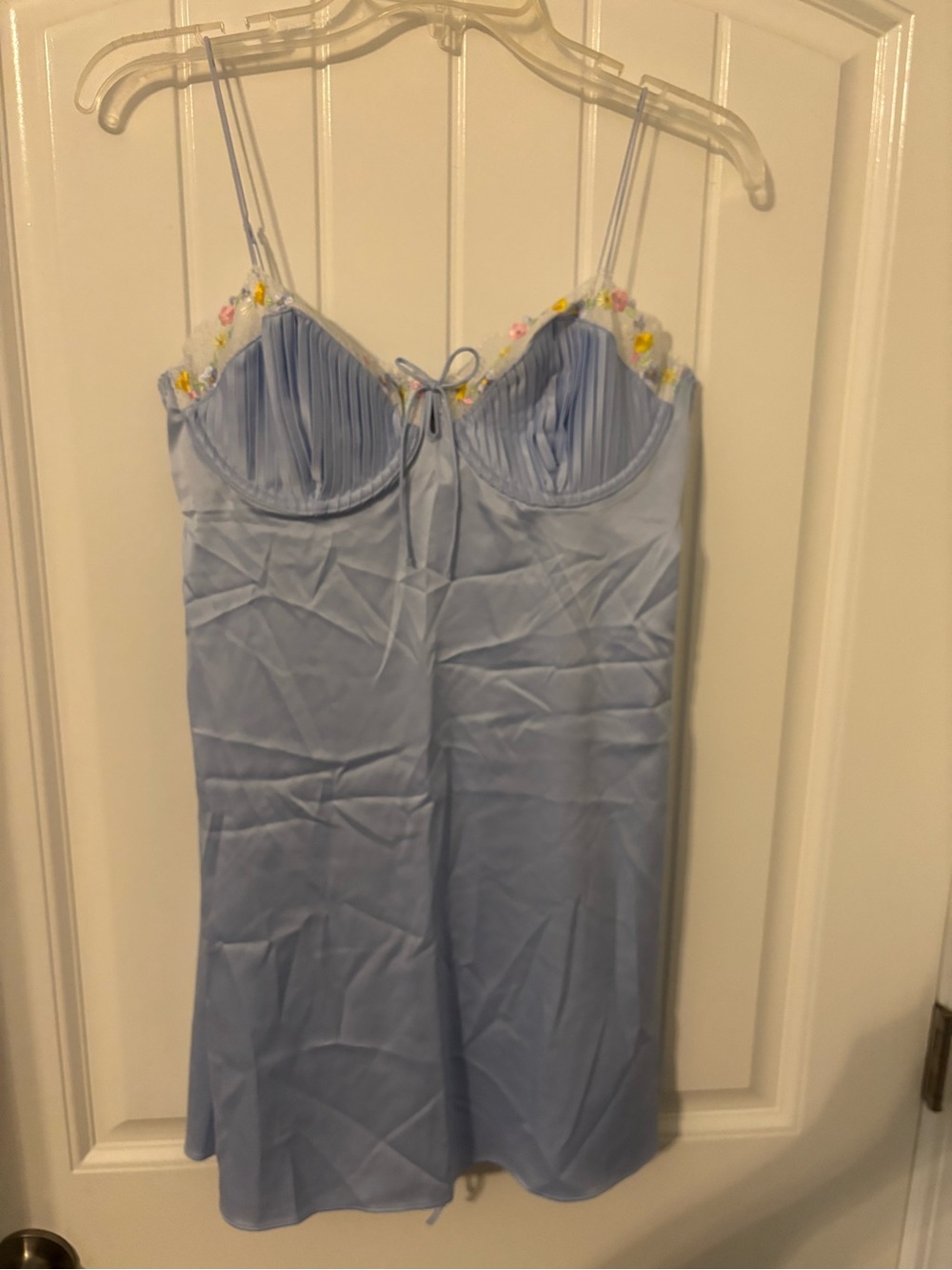 For Love & Lemons Light Blue Satin Chemise with Floral Trim